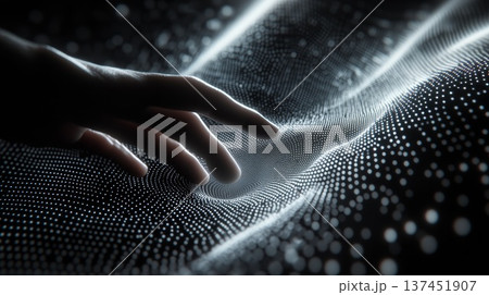 Delicate fingers gently caress a luxurious piece of fabric against a dramatic black background, evoking elegance. Delicate fingers gently caress a luxurious piece of fabric against a dramatic black background, evoking elegance. 137451907