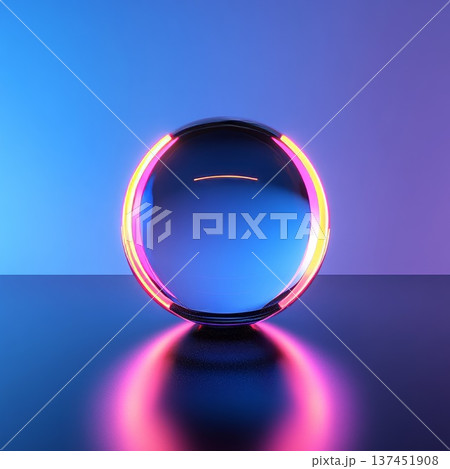 Mesmerizing glass ball with a vibrant neon glow, casting colorful reflections on a dark table surface. Mesmerizing glass ball with a vibrant neon glow, casting colorful reflections on a dark table surface. 137451908