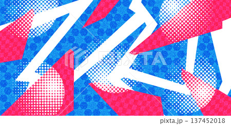Vibrant Abstract Background with Blue and Pink Geometric Shapes, Halftone Patterns and Texture Effects. Template for Sport or Event Banner and Poster Design 137452018
