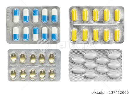 Set of various medical pills, tablets and capsules in blisters isolated on white background.  137452060
