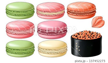 Candy-Coated Aesthetic of sushi and French macarons, featuring perfectly smooth domes, in a palette of pistachio green, rose petal pink, vanilla cream, glossy black sesame 137452273