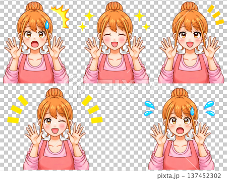 Set 3 of anime illustrations of housewives greeting with both hands raised 137452302