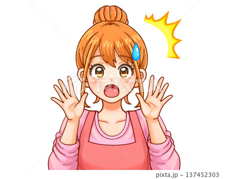 両手を上げて驚いてビックリする主婦のアニメ系イラスト素材 両手を上げて驚いてビックリする主婦のアニメ系イラスト素材 137452303