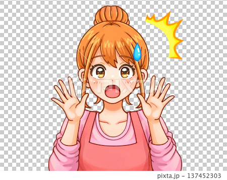 動漫插畫,描繪了一位家庭主婦驚訝震驚地舉起雙手的情景。 動漫插畫,描繪了一位家庭主婦驚訝震驚地舉起雙手的情景。 137452303