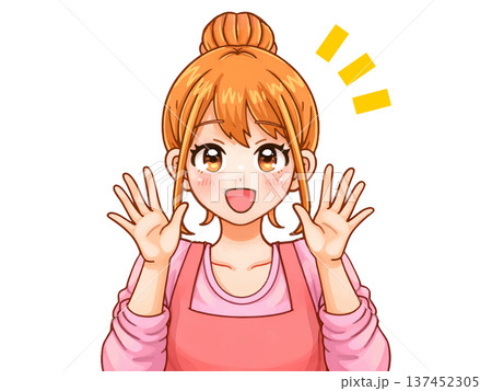 両手をあげて挨拶する主婦のアニメ系イラスト素材 両手をあげて挨拶する主婦のアニメ系イラスト素材 137452305