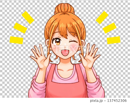 動漫插畫,描繪了一位家庭主婦雙手舉起打招呼的場景 2 動漫插畫,描繪了一位家庭主婦雙手舉起打招呼的場景 2 137452306
