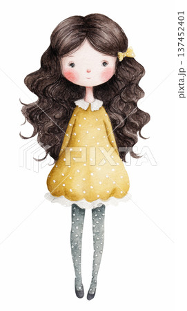 Watercolor cute doll girl wearing a yellow dress and bows costume clip art illustration isolated on white background 137452401