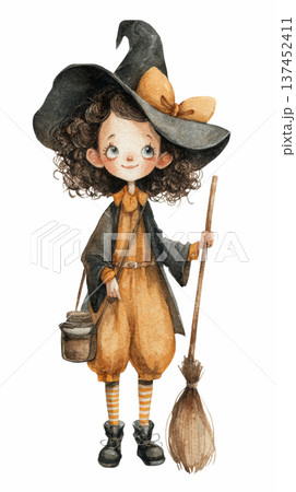 Watercolor cute doll girl wearing black and yellow winter knitted dress and witch hat costume holding broom on Halloween clip art illustration isolated on white background 137452411