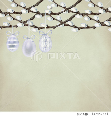 Easter border with willow branches, decorated eggs. Botanical watercolor clipart of spring renewal and Easter celebration isolated on white background for invitations, cards and seasonal design 137452531