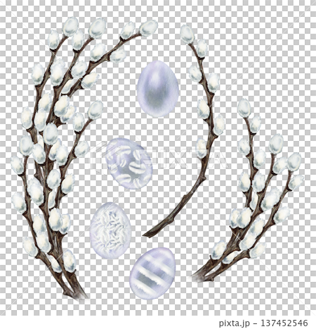 Set of willow branches, Easter eggs. Botanical watercolor clipart of spring renewal and Easter celebration isolated on white background for invitations, cards and seasonal design. Set of willow branches, Easter eggs. Botanical watercolor clipart of spring renewal and Easter celebration isolated on white background for invitations, cards and seasonal design. 137452546