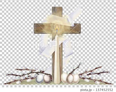 Watercolor illustration of a wooden Christian cross with white ribbon cloth, Easter eggs, willow branches. Religious Easter clipart with candle light, soft golden glow on pastel background. Watercolor illustration of a wooden Christian cross with white ribbon cloth, Easter eggs, willow branches. Religious Easter clipart with candle light, soft golden glow on pastel background. 137452552
