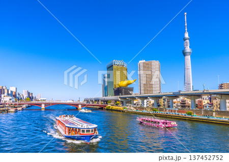 日本の東京都市景観珍景3隻揃い踏み。竜馬やあづま、アーバンランチⅢ、東京スカイツリーなどを望む=3月 日本の東京都市景観珍景3隻揃い踏み。竜馬やあづま、アーバンランチⅢ、東京スカイツリーなどを望む=3月 137452752
