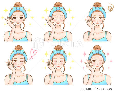 スキンケアする大人女性のイラストセット2 スキンケアする大人女性のイラストセット2 137452939