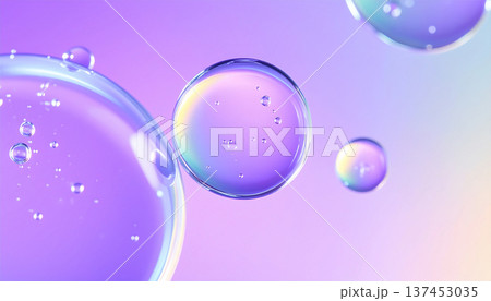 紫の美容液カプセルと透明バブルの抽象スキンケア背景 137453035
