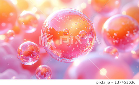 ピンクとオレンジの美容カプセル泡　潤い成分の抽象背景 137453036