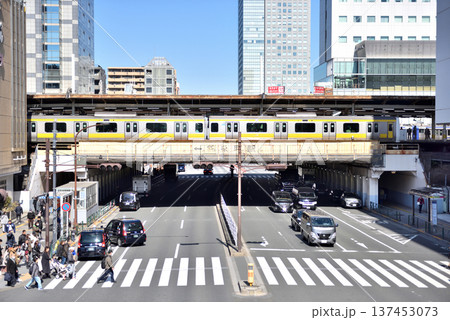 錦糸町駅前から見る総武線手前の横断歩道渡る人々 137453073