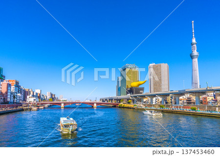 日本の東京都市景観珍景3隻揃い踏み。屋形船やアーバンランチⅢ、竜馬、東京スカイツリーなどを望む=3月 日本の東京都市景観珍景3隻揃い踏み。屋形船やアーバンランチⅢ、竜馬、東京スカイツリーなどを望む=3月 137453460