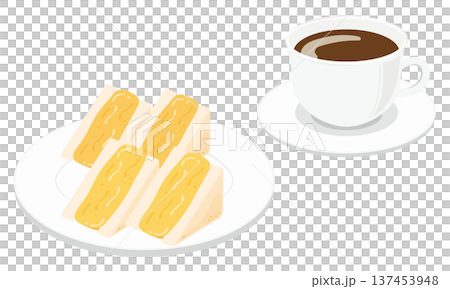 Set illustration of a thick omelet sandwich and coffee Set illustration of a thick omelet sandwich and coffee 137453948
