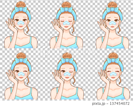 插圖素材集2：成年女性敷鼻膜的保養過程 137454072