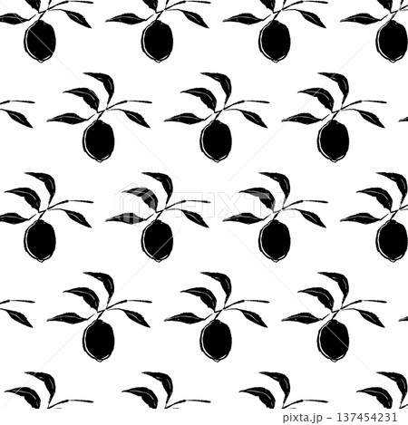 レモンの枝と葉っぱのシルエットパターン素材 137454231