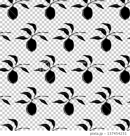 レモンの枝と葉っぱのシルエットパターン素材 137454231