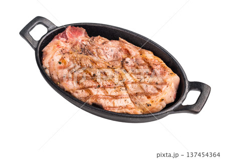 Roast pork tender loin steak, neck meat isolated on white background. top view Roast pork tender loin steak, neck meat isolated on white background. top view 137454364