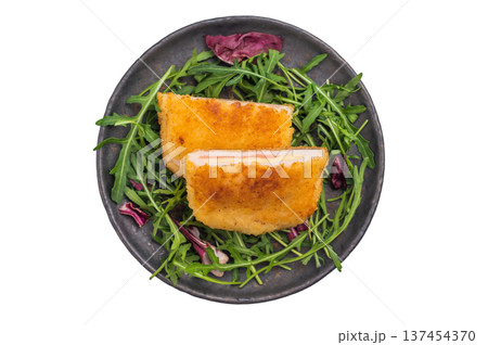 Fried Cordon bleu escalopes with salad on plate isolated on white background. top view Fried Cordon bleu escalopes with salad on plate isolated on white background. top view 137454370