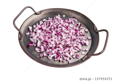 Chopped Red onion slices in steel tray isolated on a white background. top view 137454371