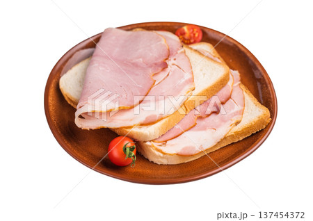 Ham sandwich, toast with sliced Prosciutto Cotto isolated on white background. top view 137454372