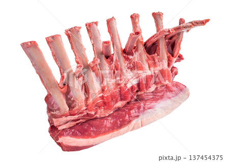 Raw rack of lamb, mutton cutlets isolated on white background. top view Raw rack of lamb, mutton cutlets isolated on white background. top view 137454375