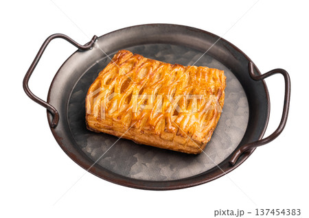 Apple Danish Pastry With Sweet Icing, Puff pastry isolated on white background. top view 137454383