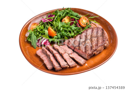 Grilled Australian Oyster Top blade steak with salad on a plate isolated on white background. top view Grilled Australian Oyster Top blade steak with salad on a plate isolated on white background. top view 137454389