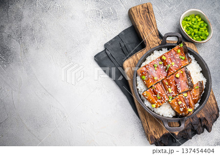Japanese Cuisine Unadon, grilled unagi eel with rice in a skillet. white background. top view Japanese Cuisine Unadon, grilled unagi eel with rice in a skillet. white background. top view 137454404