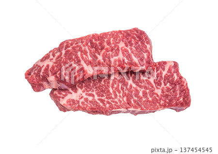 Premium denver, chuck eye steak, beautifully presented, ready for seasoning. A versatile cut ideal for barbecue enthusiasts and steak lovers alike. isolated on white background. top view Premium denver, chuck eye steak, beautifully presented, ready for seasoning. A versatile cut ideal for barbecue enthusiasts and steak lovers alike. isolated on white background. top view 137454545