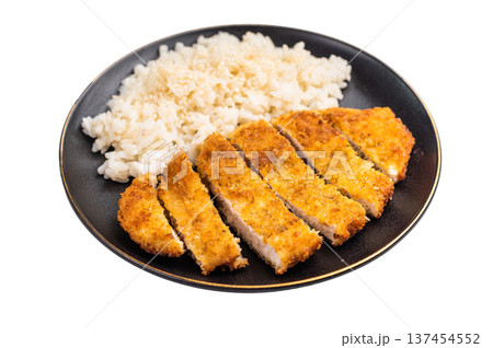 Delicious katsu style dish, featuring a perfectly cooked chicken meat cutlet served alongside steamed rice for a balanced meal. isolated on white background. top view 137454552
