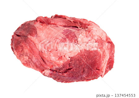 Fresh raw boneless beef shank displayed on a wooden cutting board, showcasing its rich color and marbling, perfect for hearty soups and stews. isolated on white background. top view Fresh raw boneless beef shank displayed on a wooden cutting board, showcasing its rich color and marbling, perfect for hearty soups and stews. isolated on white background. top view 137454553