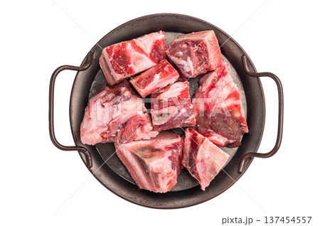 Raw Beef meat and veal bones for stew or goulash isolated on white background. top view. 137454557