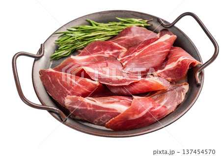 Thin slices of Speck, Jambon Italian cured meat isolated on white background. top view 137454570