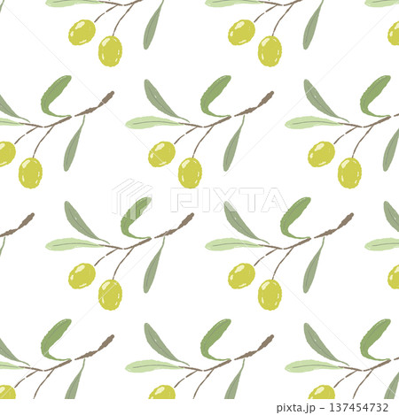 明るい黄緑色のオリーブの枝のシームレスパターン 137454732
