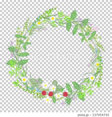 Colorful wreath of herbs and small flowers from a spring garden Colorful wreath of herbs and small flowers from a spring garden 137454745