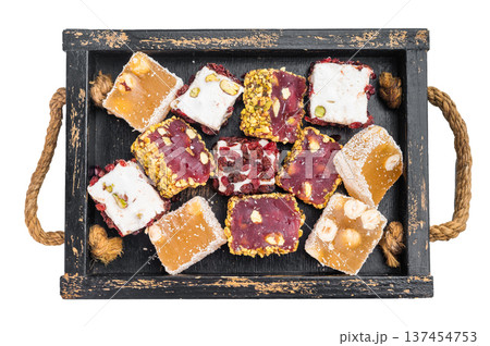 Premium assorted lokum sweets in vintage tray. Soft chewy jelly candy with nuts and festive style. Premium assorted lokum sweets in vintage tray. Soft chewy jelly candy with nuts and festive style. 137454753
