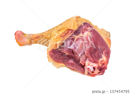 Raw duck leg gamebird with skin isolated on white background top view. Poultry game meat ingredient for roasting and cooking. 137454795