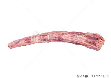 Raw lamb oxtail pieces on rustic wooden cutting board isolated on white background, fresh butcher meat for broth and stew 137455102