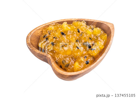 Homemade mango maracuja preserve with glossy texture and exotic flavor, perfect topping for desserts and breakfast 137455105