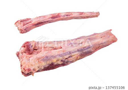 Butcher style raw oxtail pieces on rustic board isolated on white, uncooked beef bones for soup stock and slow cooked dishes Butcher style raw oxtail pieces on rustic board isolated on white, uncooked beef bones for soup stock and slow cooked dishes 137455106