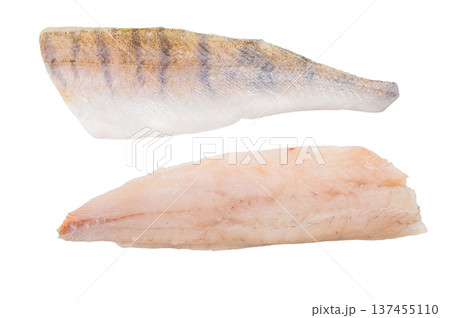 Fresh uncooked zander fillet portions, lean white freshwater fish rich in protein, ideal for healthy meals and light cuisine. 137455110