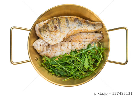 Pan fried pike perch fillet served with fresh greens in skillet, healthy freshwater white fish meal. Pan fried pike perch fillet served with fresh greens in skillet, healthy freshwater white fish meal. 137455131
