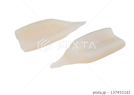Fresh raw squid fillets calamari mantle seafood on a clean white background ideal for cooking photography and gourmet recipe content 137455181