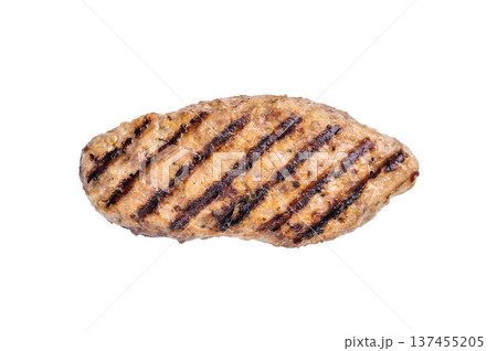 Grilled kofta kebabs made from spiced minced meat, perfectly grilled and served with fresh herbs and tangy sauce. isolated on white background. top view Grilled kofta kebabs made from spiced minced meat, perfectly grilled and served with fresh herbs and tangy sauce. isolated on white background. top view 137455205