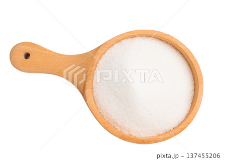 Closeup of sparkling granulated sugar crystals, ideal for adding sweetness to your favorite recipes. isolated on white background. top view 137455206